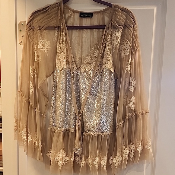 Anthropologie Tops - Anthropologie Sheer Lace & Sequin Beige/Taupe Blouse
